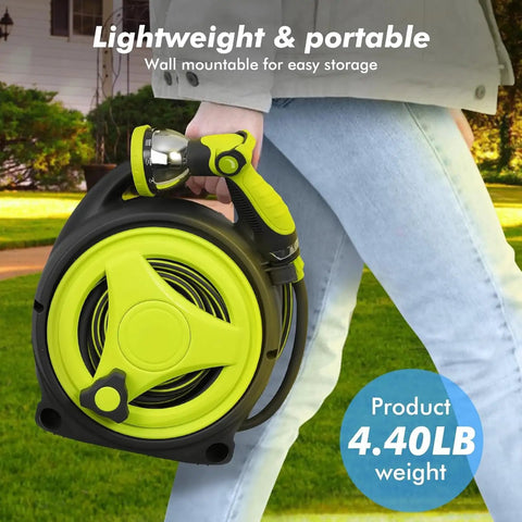 Person holding All In One Retractable Garden Hose Reel Kit With 45 Plus 5 Ft Extendable Hose, Ten Pattern Spray Nozzle in garden
