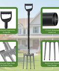Beast 4 Tine Garden Fork with Heavy Duty 47 Inch Handle, ergonomic D-handle, thickened metal rod, reinforced tines for soil work.
