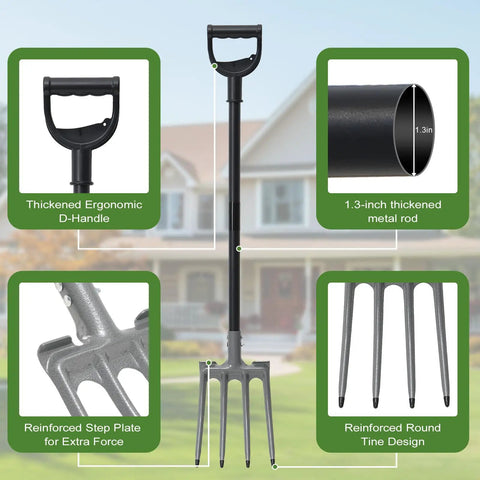 Beast 4 Tine Garden Fork with Heavy Duty 47 Inch Handle, ergonomic D-handle, thickened metal rod, reinforced tines for soil work.