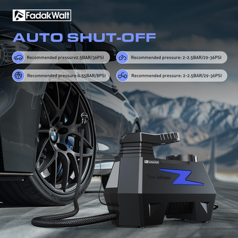 Portable 12V Car Tire Inflator Air Pump With LED Light and 150 PSI Digital Gauge, Blue Kit beside car tire