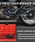 Red 13-piece motorcycle chain breaker kit in a plastic carrying case with assorted rivet tools