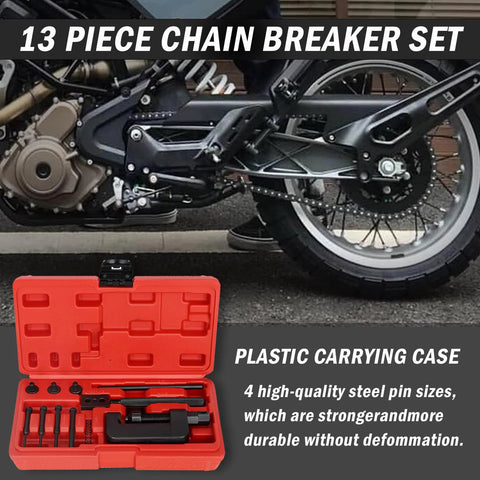 Red 13-piece motorcycle chain breaker kit in a plastic carrying case with assorted rivet tools