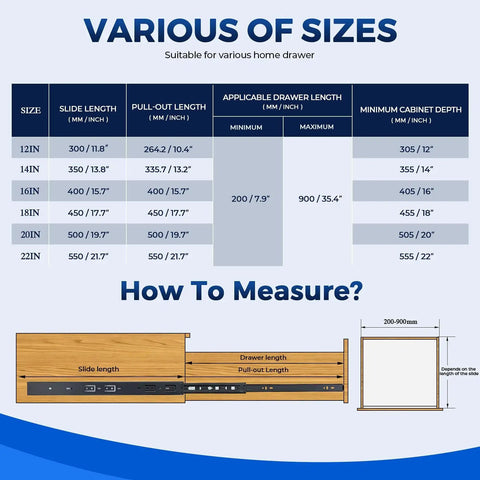 Diagram showing measurements and sizing for 10 Pairs Soft Close Heavy Duty Drawer Slides 22 Inch Full Extension Ball Bearing Side Mount 500 Lb Capacity Black Quiet Smooth Glide For Dresser Drawers And Cabinet Upgrades.