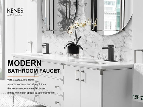 Dope Matte Black Waterfall Bathroom Faucet With Single Handle And Escutcheons Pop Up Drain Stopper on white vanity