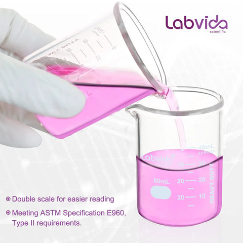 Heavy Duty 50ml Beaker Set Of 5 Thick Walled 3.3 Borosilicate Glass Low Form With Double Scale Graduation in laboratory setting