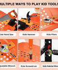 Two In One Kids Tool Workbench Set With Realistic Drill And 91 Piece Tool Accessories showing saw, hammer, pliers, and more
