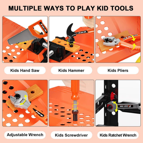 Two In One Kids Tool Workbench Set With Realistic Drill And 91 Piece Tool Accessories showing saw, hammer, pliers, and more