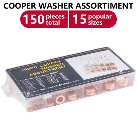 Copper Washer Set With 150 Pieces In 15 Sizes M5 To M17.5, Solid Sump Plug Crush Washers For Oil Drain, Water And Fuel Fittings, High Conductivity, Corrosion Resistant, Gearhead Favorite, Clear Organizer Case