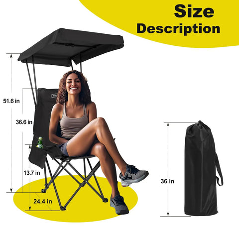 Woman sitting in Portable Camping Chair With Adjustable Shade Canopy, Lightweight Oversized Folding Beach Chair With Side Pocket