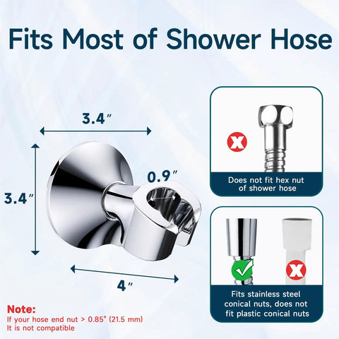 Handheld Shower Head Holder With Dual Angle Positions And Strong Wall Suction Bracket Includes Adhesive 3M Disc No Tools Required Easy Install Chrome Finish shown with compatibility details