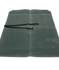 Open green Waxed Canvas Knife Roll Bag With Seven Slots shown flat with tie strings