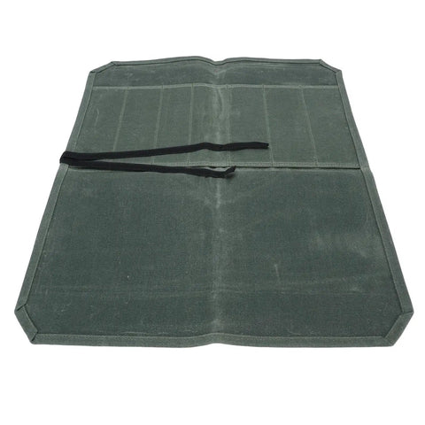 Open green Waxed Canvas Knife Roll Bag With Seven Slots shown flat with tie strings