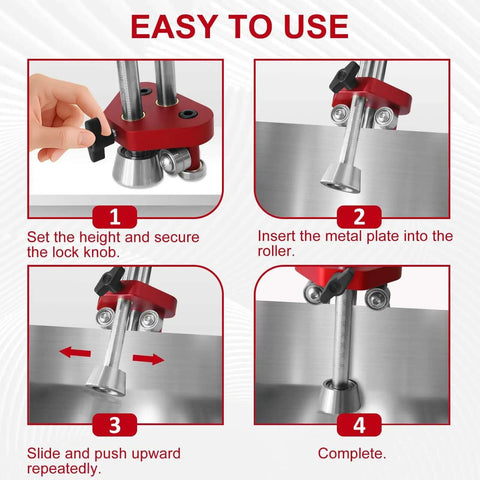 Step-by-step usage guide for Adjustable 0 To 100 Degrees Sheet Metal Bender Roller showing ergonomic setup for precise metal bending.