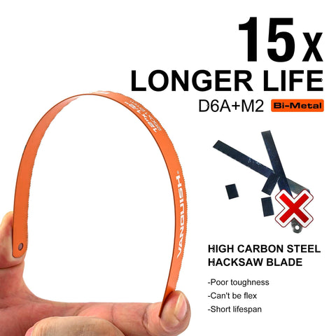 High carbon steel hacksaw blade, orange, labeled 15x longer life, D6A+M2 bi-metal, held in hand, showing flexibility and durability.