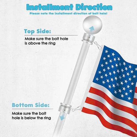 Premium Aircraft Grade Aluminum Flag Pole Rings With Smooth 360 Anti Wrap Swivels And Tough As Nails Carabiner Clip Built For Standard One Inch Flag Poles Easy Install Silver Two Pack installation instructions showing top and bottom sides on flag pole.