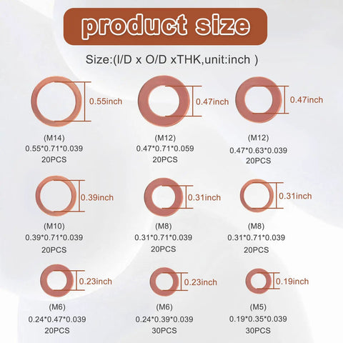 Sizes of washers in 200 Pcs Copper Oil Drain Plug Gasket Set With M5 M6 M8 M10 M12 M14 Crush Washers Pro Grade Universal Oil Change Kit