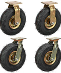 Four Pack Heavy Duty Pneumatic Rubber Casters 8 And 10 Inch Inflatable Wheels With Locking Brakes For Furniture Trolley Workbench, features durable gold steel mounts and rubber tires.