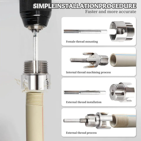 Close-up of All In One Dual Function Pipe Thread Cutter Kit For Half Inch Three Quarter Inch And One Inch PVC Pipes in use.