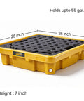 Single Drum Spill Containment Workstation For 55 Gallon Drum Low Profile Spill Pallet With Drain 26 By 26 By 7 Inches HDPE Yellow Platform