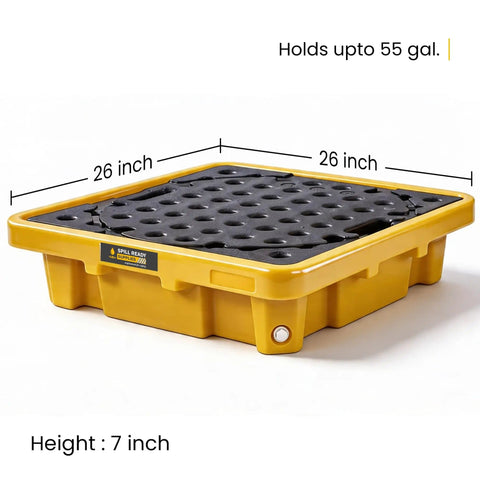 Single Drum Spill Containment Workstation For 55 Gallon Drum Low Profile Spill Pallet With Drain 26 By 26 By 7 Inches HDPE Yellow Platform
