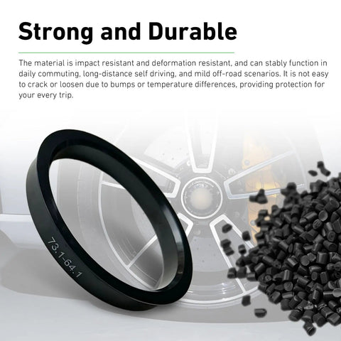 4 Pack Wheel Hub Centric Rings 73 1 Outer To 64 1 Inner Diameter Plastic Bore Adapter Spacers Black on display with granules.