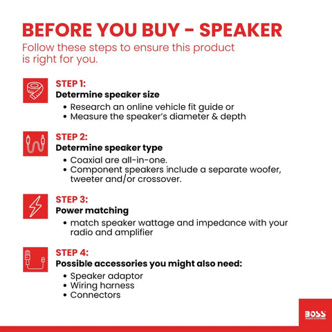 Guide on determining speaker size, type, power matching, and accessories before buying a speaker