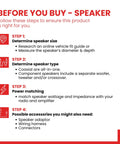 "Before You Buy - Speaker" guide on determining speaker size, type, power matching, and needed accessories, by BOSS Audio Systems.