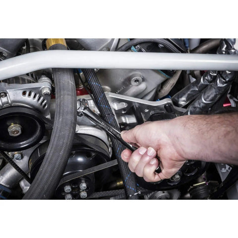 Using a Three Eighths Inch Ratcheting Wrench With Seventy Two Tooth Box End Minimal Five Degree Swing Off Corner Loading in an engine bay