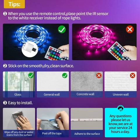 Installation tips for 65 Point 6 Foot RGB LED Strip Lights With App And Remote Control Music Sync 5050 RGB LEDs