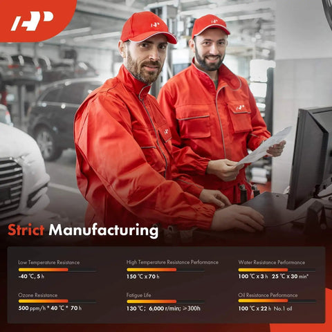 Two workers in red uniforms in a manufacturing facility discussing specifications. Text highlights manufacturing specs.