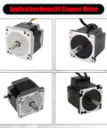 Nema34 stepper motor collage with four views: silver-front, black-front, angled side, rear with cables