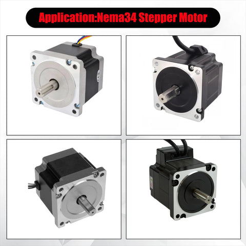 Nema34 stepper motor collage with four views: silver-front, black-front, angled side, rear with cables