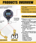 Digital Vacuum Gauge For HVAC 0 To 75000 μmHg Range With 7/16-20UNF Fittings, Buzzer Alarm, 1/4 Inch SAE Extension, Brass Adapter, High Accuracy ±10 μmHg Or ±10 Percent, Ideal For Leak Detection And Evacuation Tests, with display and adapters