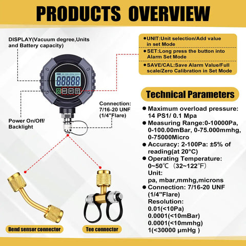 Digital Vacuum Gauge For HVAC 0 To 75000 μmHg Range With 7/16-20UNF Fittings, Buzzer Alarm, 1/4 Inch SAE Extension, Brass Adapter, High Accuracy ±10 μmHg Or ±10 Percent, Ideal For Leak Detection And Evacuation Tests, with display and adapters