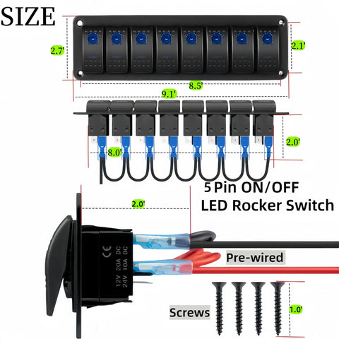8 Gang Off Road Waterproof Rocker Switch Panel With 5 Pin SPST 12V 24V On Off Toggle 20 Amp Beefy Heavy Duty Marine Style Rocker Panel, pre-wired harness and screws