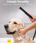 GRANDJOY 12" Digital Display Shower System, 3-Function, Matte Black hand shower washing a golden retriever.