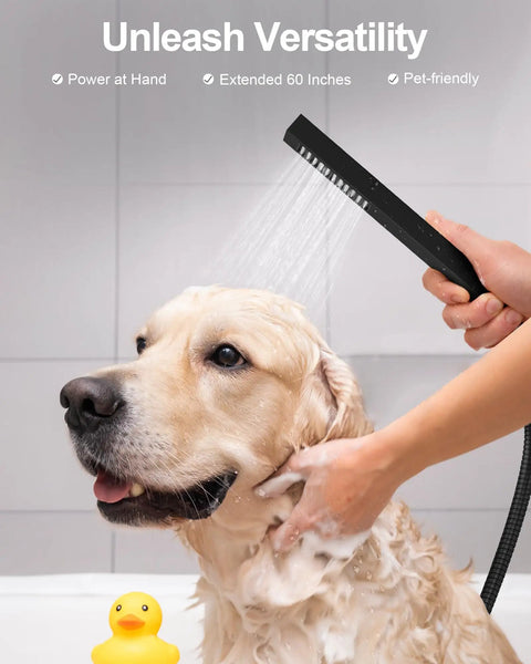 GRANDJOY 12" Digital Display Shower System, 3-Function, Matte Black hand shower washing a golden retriever.