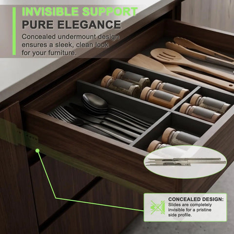 Undermount Soft Close Drawer Slides, 12 Inch Full Extension, 1 Pair, Built To Last Heavy Duty 70 Lb Load, Fits Five Eighths Inch Side Panels, Ideal For Custom Cabinets And Kitchen Drawers installed in a wooden kitchen drawer