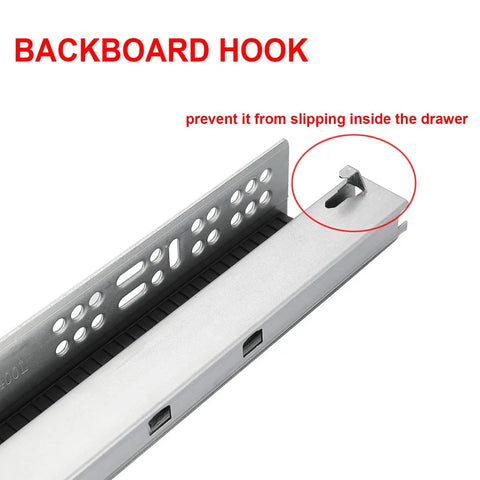 Close-up of backboard hook on undermount drawer slide to prevent slipping. Six Pair Of 22 Inch Undermount Soft Close Drawer Slides Featuring Smooth Operator Glide Mechanics And Heavy Hitter 100 Pound Load Rating For No Sweat Cabinet Upgrades In Any Home Space Today.