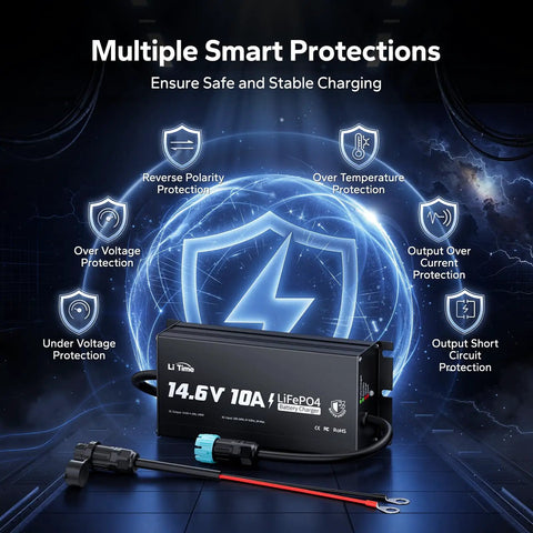 Rugged 10 Amp 12 Volt Lithium Battery Charger With IP65 Waterproof Rating For LifePo4 Batteries And Automatic Bms Recovery Function, showcasing smart protection features.
