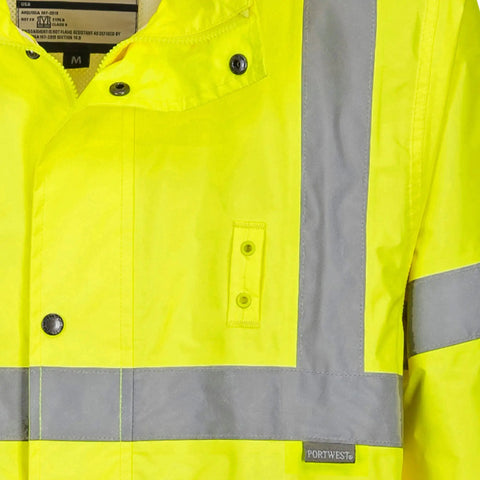 Close-up front detail of Long Men's Hi Vis Rain Jacket ANSI Class 3 Yellow With Reflective Strips Pack Away Hood Storm Flap Radio Loop