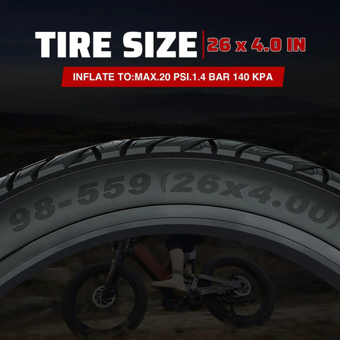 Fat Bike Tire 26x4.0 Inch Heavy-Duty Anti-Slip All-Terrain Replacement for E-Bike and Trike Foldable With Inner Tube 2 Pack Black, max 20 PSI