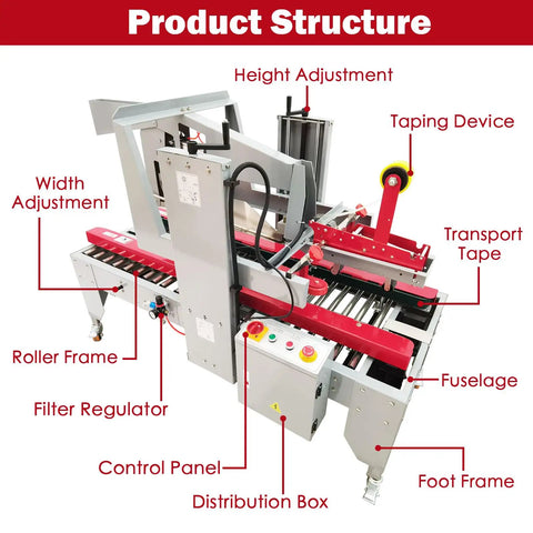 Heavy Duty Plug And Play Automatic Case Sealing Machine And Dual Flap Box Tagger With Smooth Conveyor Belt For Fast Top Bottom Fulfillment Operations, detailed view showing height adjustment, control panel, and distribution box.
