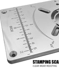 Knockout Aluminum Router Table Insert Plate with stamping scale for precise woodworking and bench trimming, adjustable and durable.