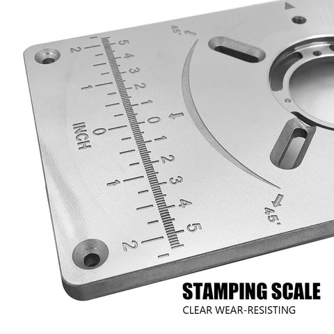 Knockout Aluminum Router Table Insert Plate with stamping scale for precise woodworking and bench trimming, adjustable and durable.