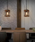 Awesome Oak Wood And Matte Black Farmhouse Pendant Light With 59 Inch Adjustable Chain and Killer Style, hanging above a rustic dining table.