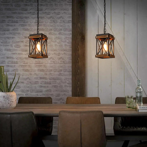 Awesome Oak Wood And Matte Black Farmhouse Pendant Light With 59 Inch Adjustable Chain and Killer Style, hanging above a rustic dining table.