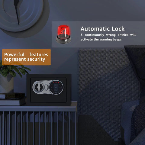 Compact Digital Home Safe With Keypad And Emergency Key in home setting with automatic lock feature displayed