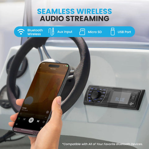 12V Marine Bluetooth Receiver Stereo for Boats Single DIN In Dash Radio in use with smartphone on boat