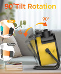 Indoor Space Heater 1500W PTC Ceramic with 90 Degree Adjustable Angle shown in tilt rotation on a desk.